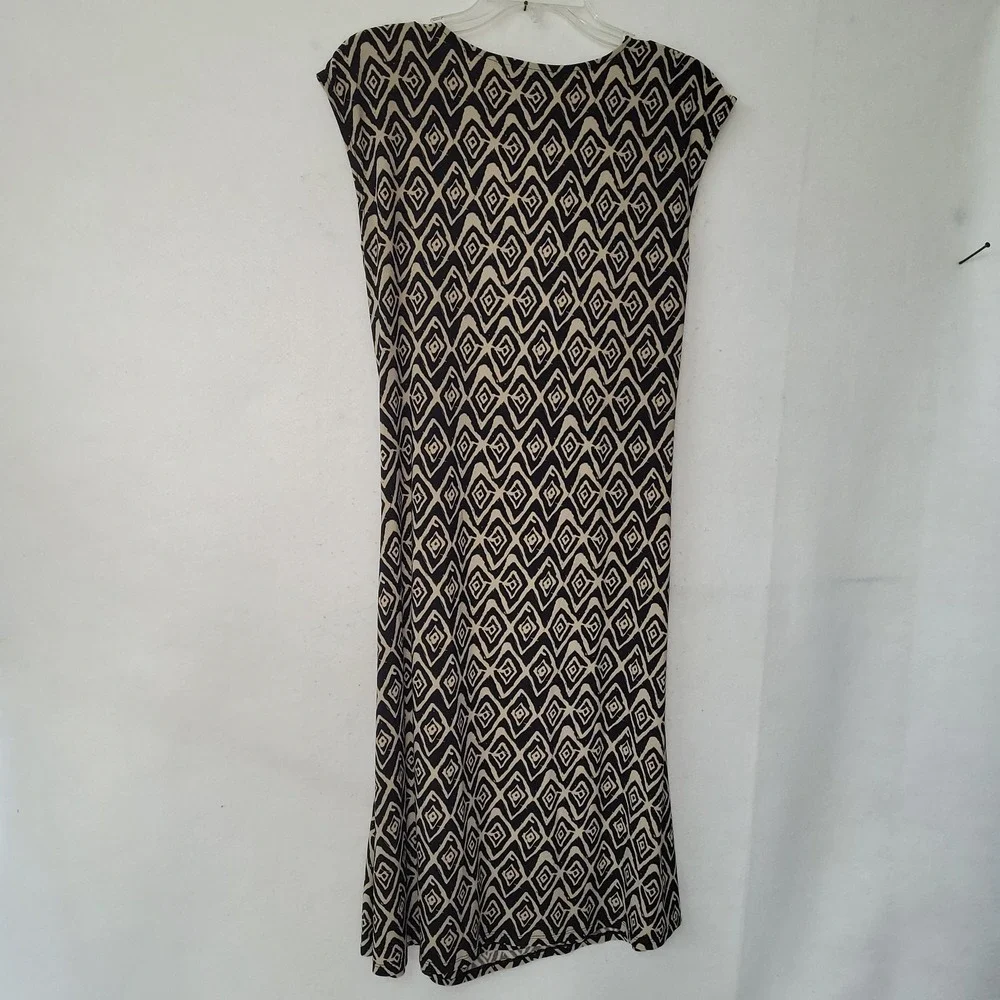 Lauren Ralph Lauren Dress Large‎ Black Beige Diamond Print Sleeveless Ruched